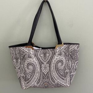 Lauren Ralph Lauren Paisley Tote Bag Purse Snap Close Black White Preppy Classic